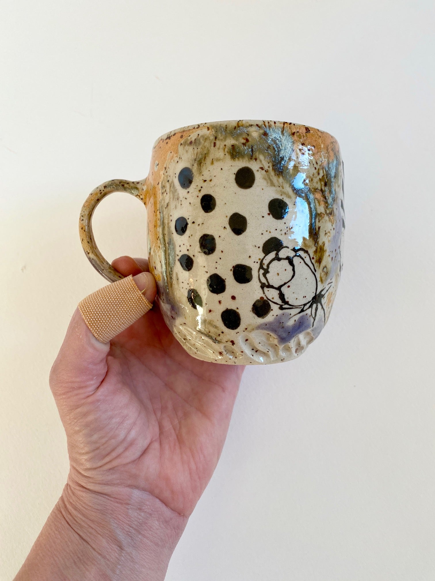 Tasse "Pfingstrose, Strahlen, Punkte", orange, violett, mint, braun, schwarz