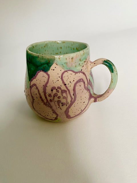 Große Tasse türkis / violett / gestreift