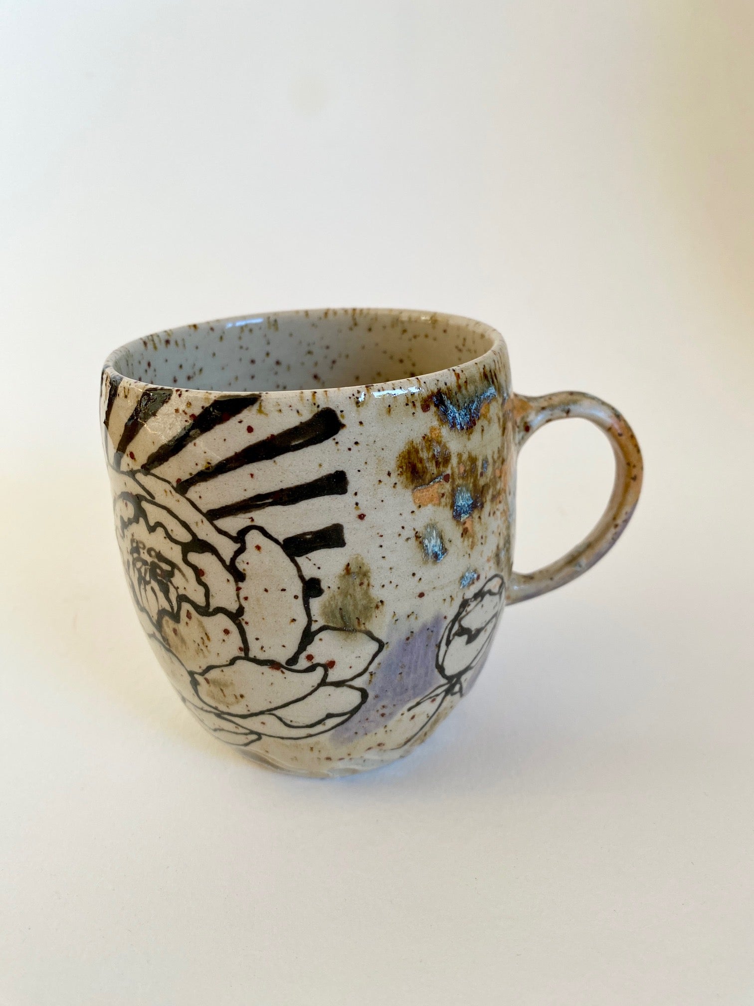 Tasse "Pfingstrose, Strahlen, Punkte", orange, violett, mint, braun, schwarz